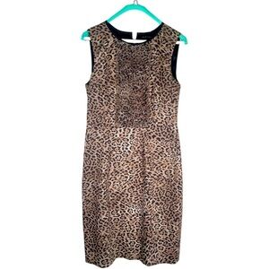 Elie Tahari Sz 8 Leopard Print Sheath Dress Ruffle Sleeveless Lined Career MIDI